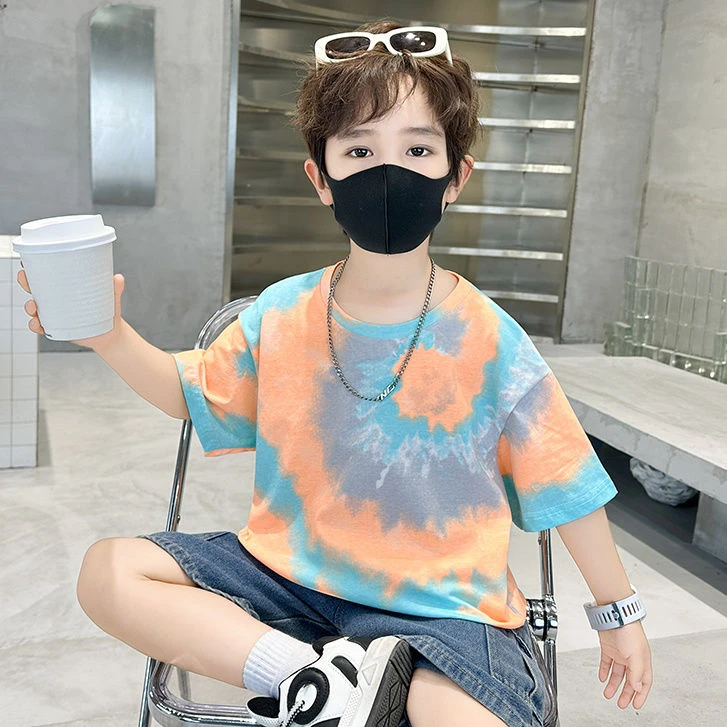 男童夏装短袖洋气纯棉T恤扎染2025新款儿童半袖上衣中大童宽松