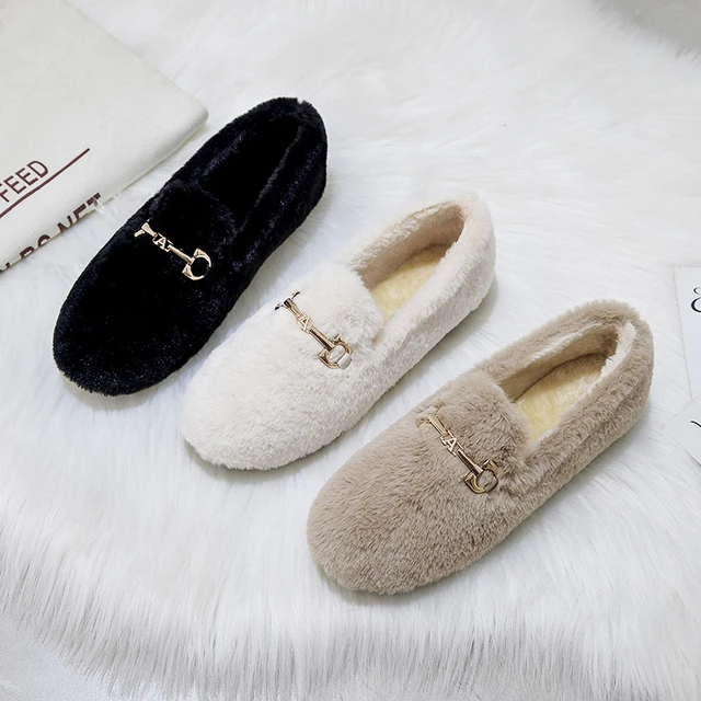 毛毛鞋女秋冬外穿加绒厚底2025年新款百搭兔毛棉鞋网红平底豆豆鞋