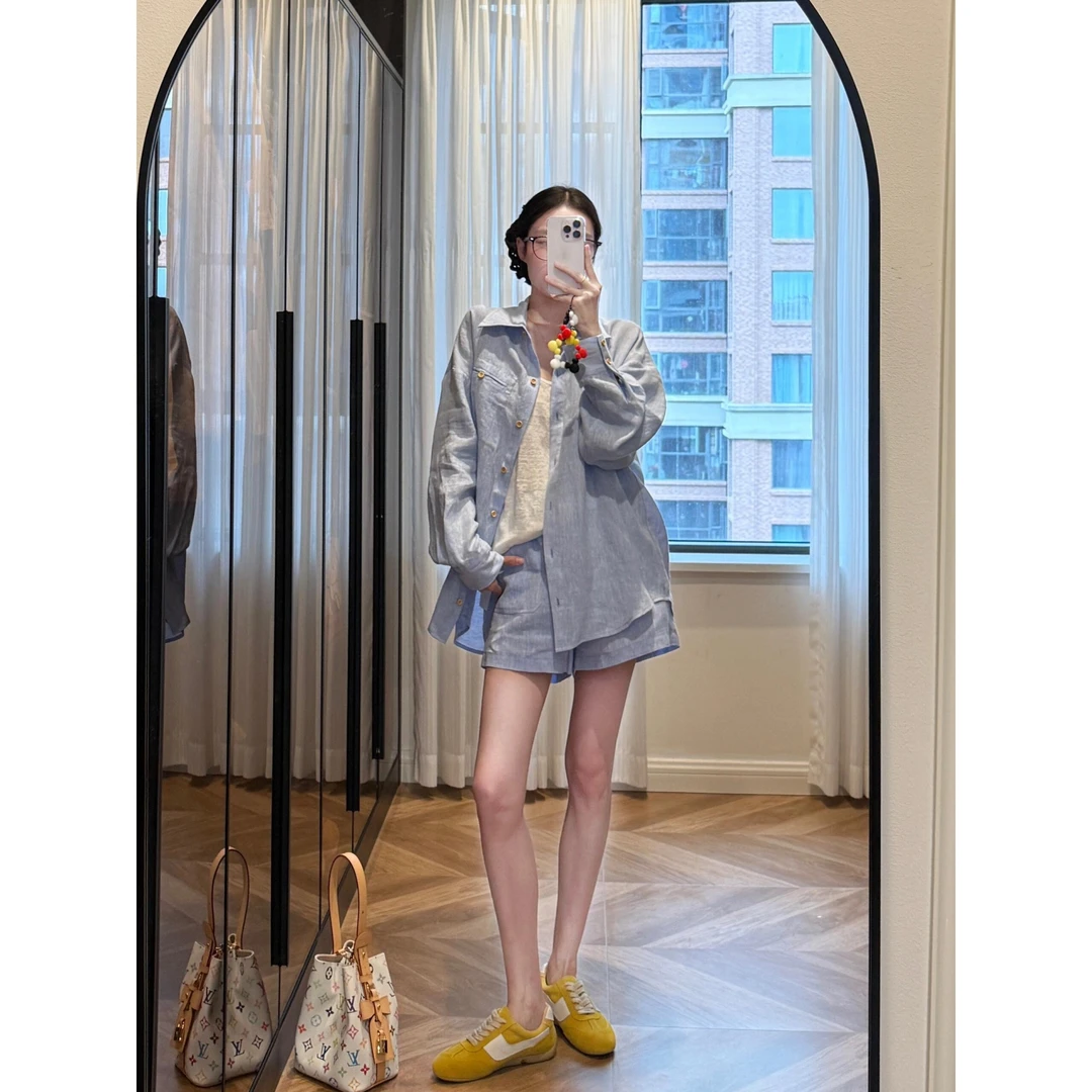 INS CEC时尚洋气欧若风浅蓝色防晒衬衫长袖外套短裤韩版两件套女