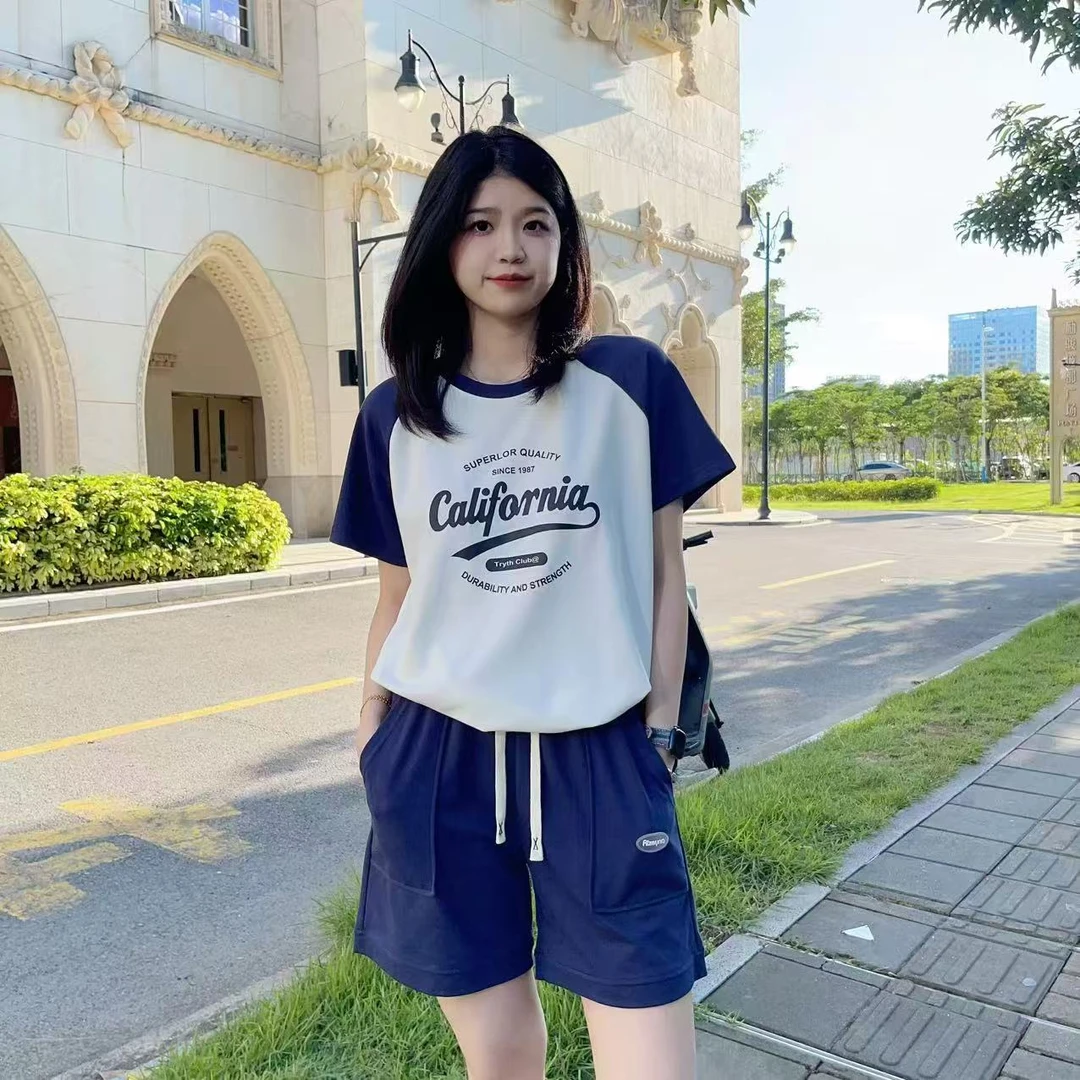 夏季新款女韩版休闲百搭拼接插肩袖短袖宽松套装