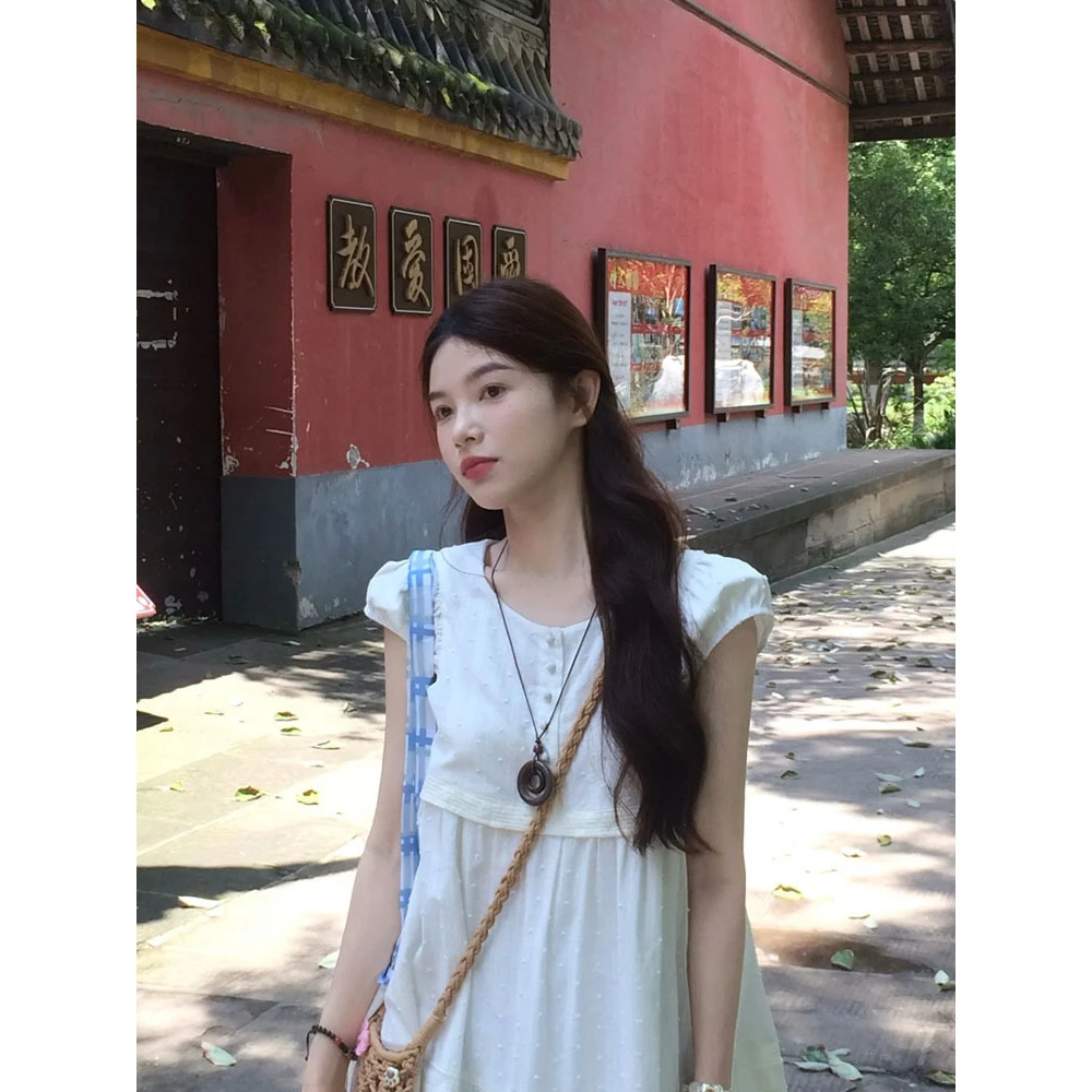 韩系气质白色连衣裙女夏季宽松长裙设计感格纹叠穿半身裙两件套装