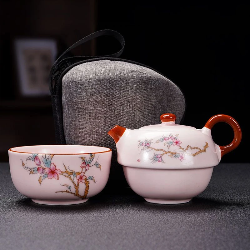 粉色汝窑一壶一杯旅行茶具套装户外露营便携式茶壶茶杯一人TJ219