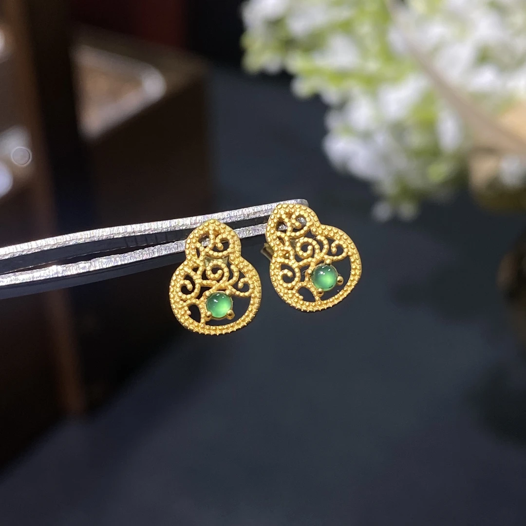 新中式宫廷风极简葫芦福禄天然翡翠镶嵌耳饰