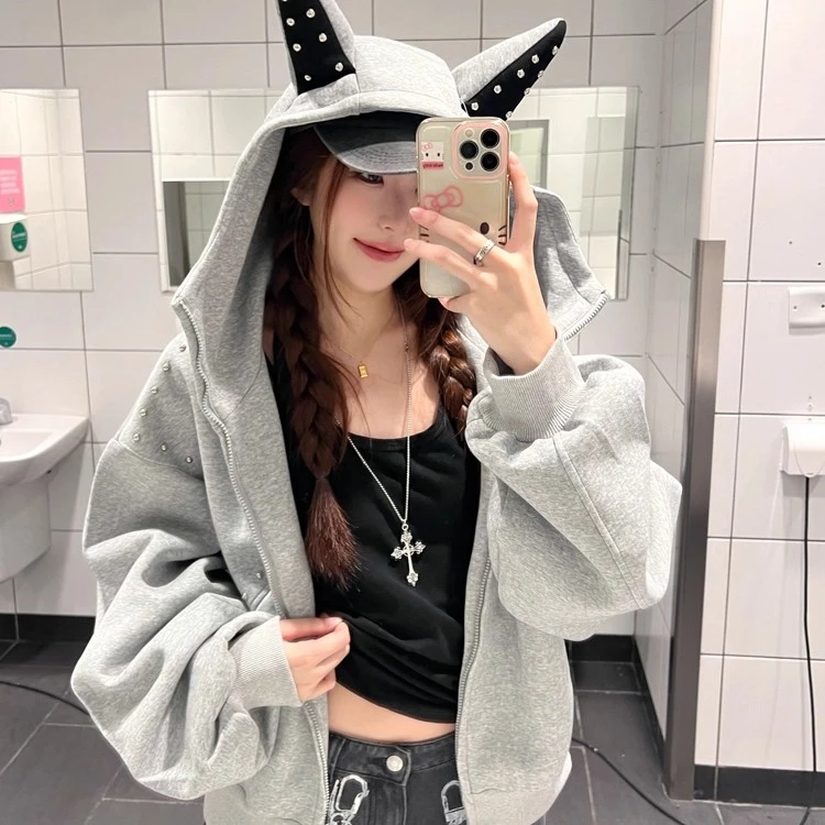 美式小众柳钉杜宾犬连帽卫衣男女秋季设计感宽松外套上衣潮