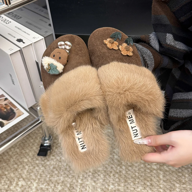 慵懒风勃肯棉拖鞋女外穿2025秋冬新款加绒一脚蹬毛毛包头半拖鞋潮