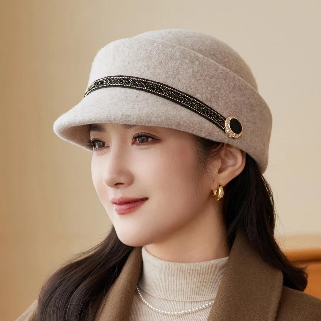 新款羊毛呢鸭舌帽子女秋冬季复古马术帽时尚百搭盆帽英伦妈妈礼帽