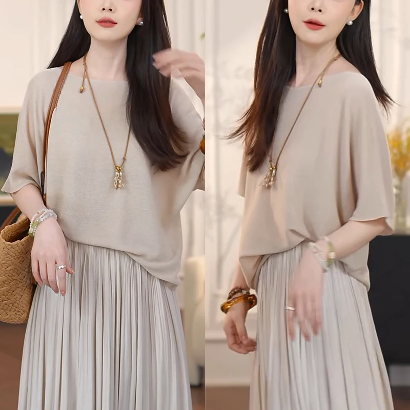 允儿直播间同款2025夏新款纯色针织百搭慵懒松弛感女上衣打底衫