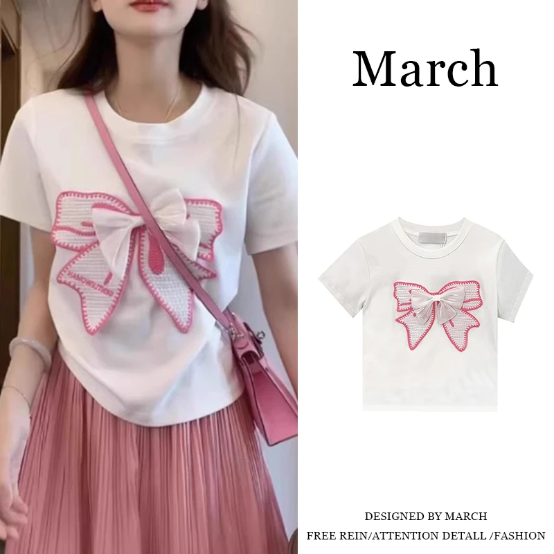 大码【粉嫩嫩蝴蝶结】春夏韩版公主风绣花立体蝴蝶短袖上衣女-5908