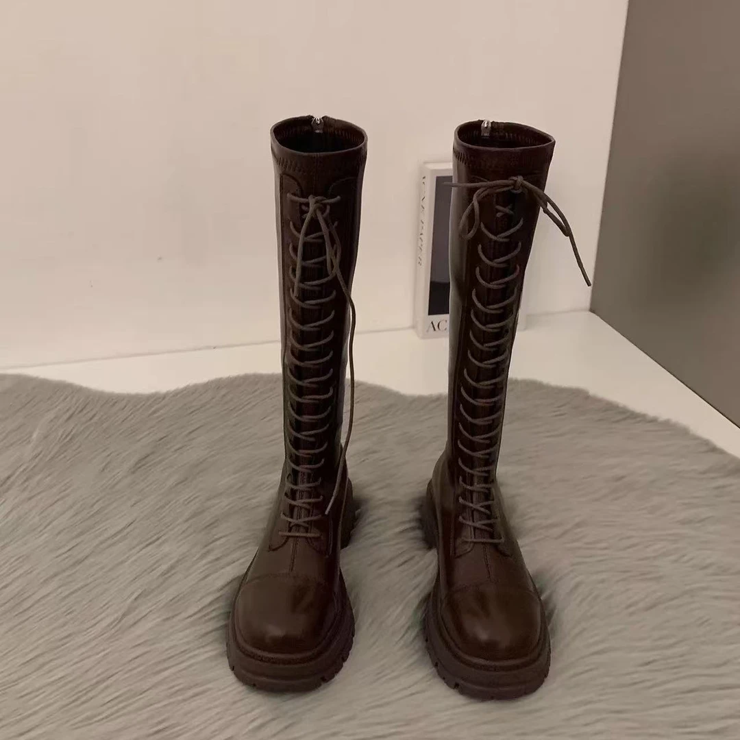 秋季新款爆款软底厚底粗跟防水台圆头后拉链高跟长筒靴   19-179