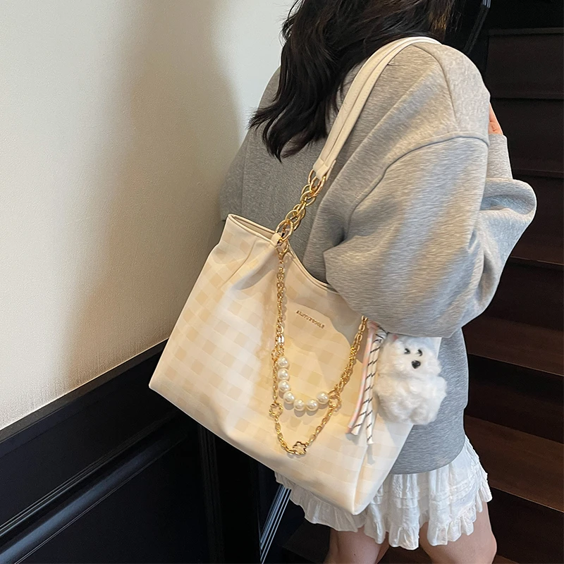 艾米兔女包2025新款潮流时尚格纹设计大容量包包女洋气单肩托特包