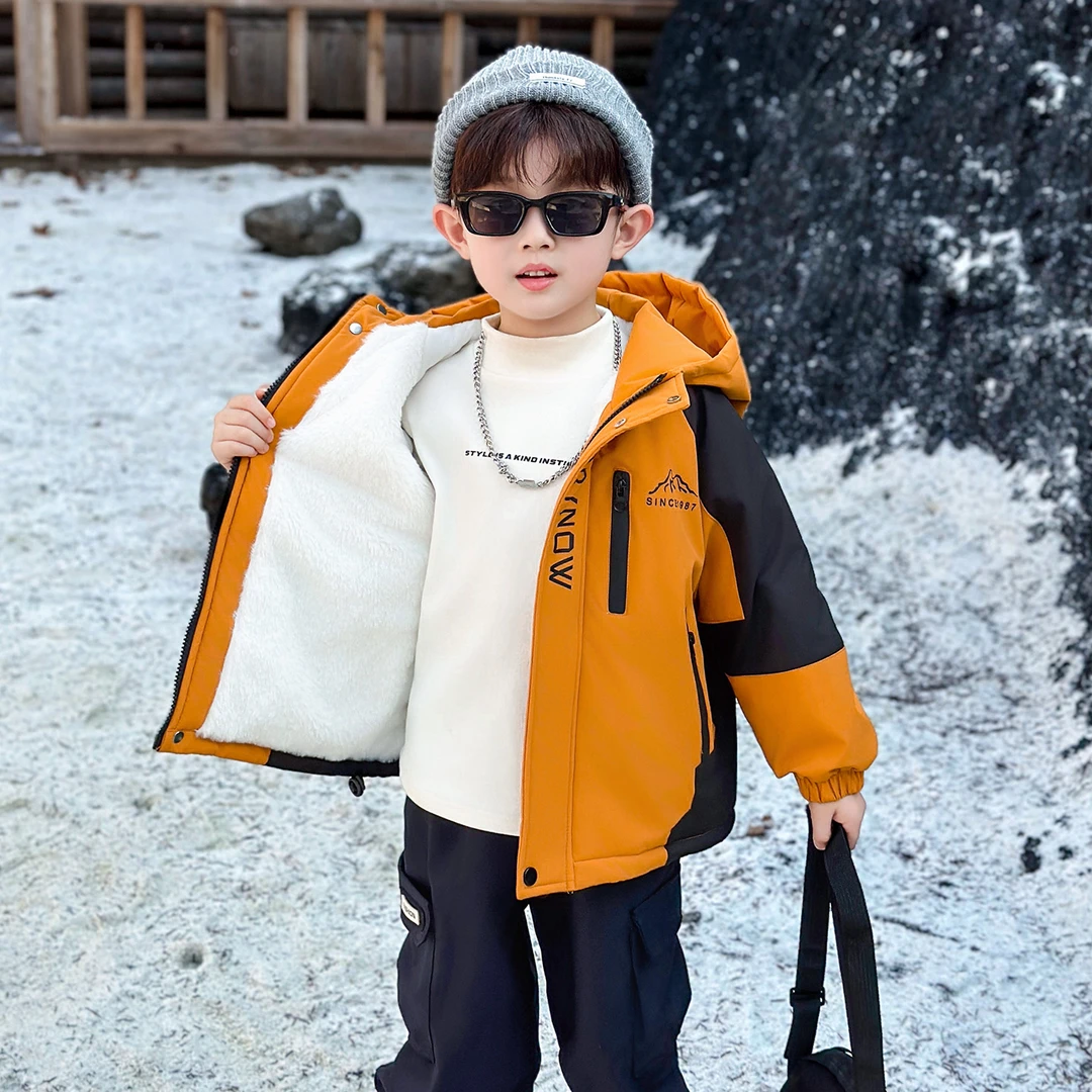 男童加绒外套棉服秋冬2025新款儿童加厚冲锋衣冬装男孩夹棉派克服