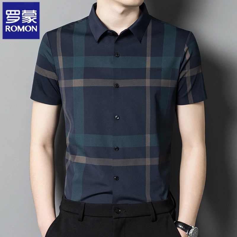 Romon/罗蒙新款无痕格子衬衫男短袖弹力休闲抗皱高档百搭男士衬衣