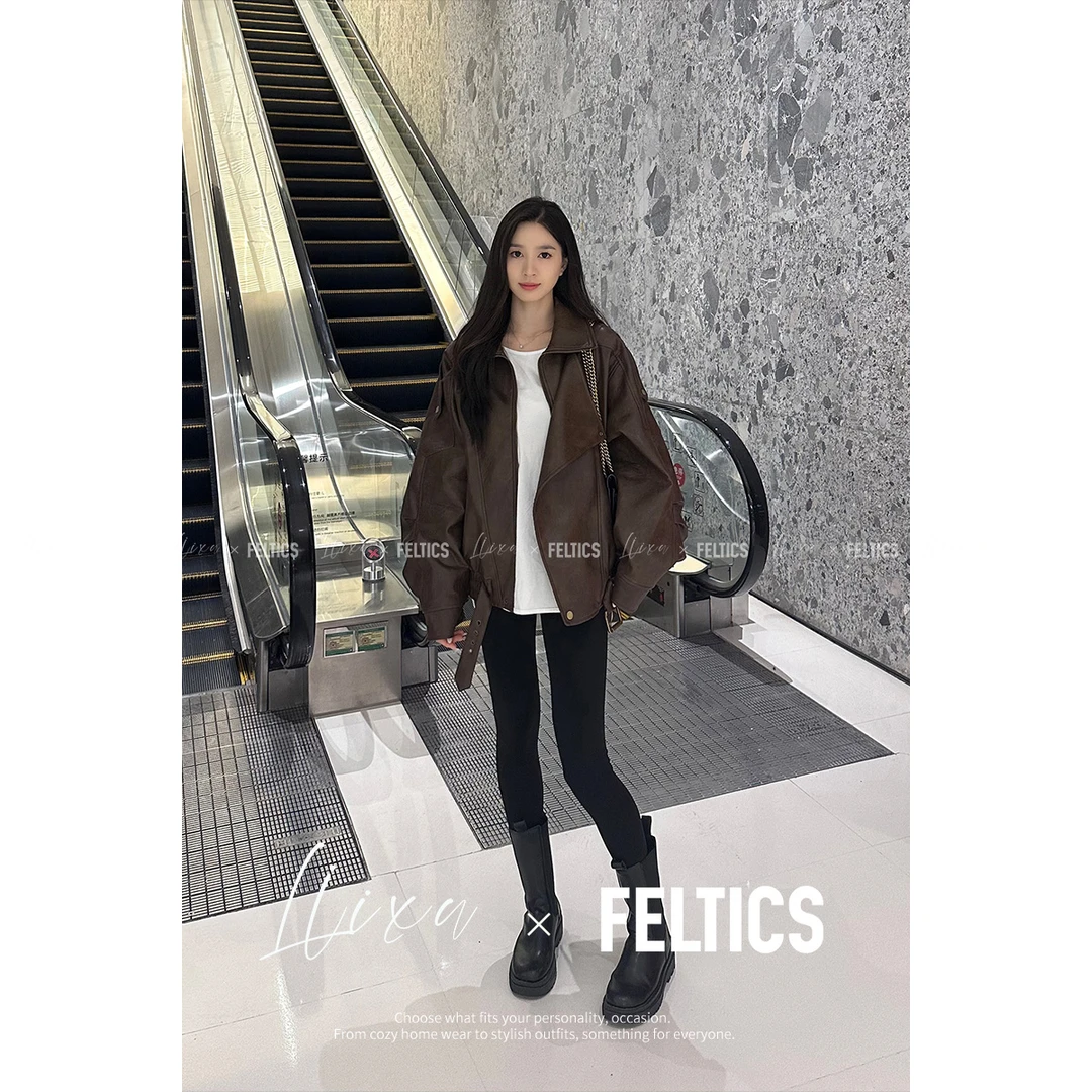 FELTICS&LIIXU美式复古轻奢仿皮衣外套女秋季新款上衣F5324PU137
