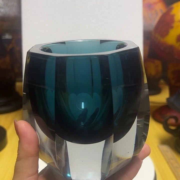琉璃手工艺品磨兰色切割面花瓶花器高12口7