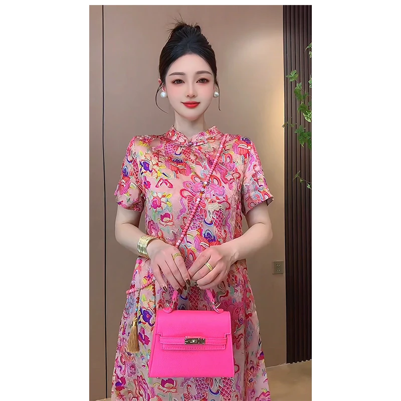 【锦鲤戏莲】国风新中式旗袍裙人丝提花复古A字连衣裙短裙裙子女装