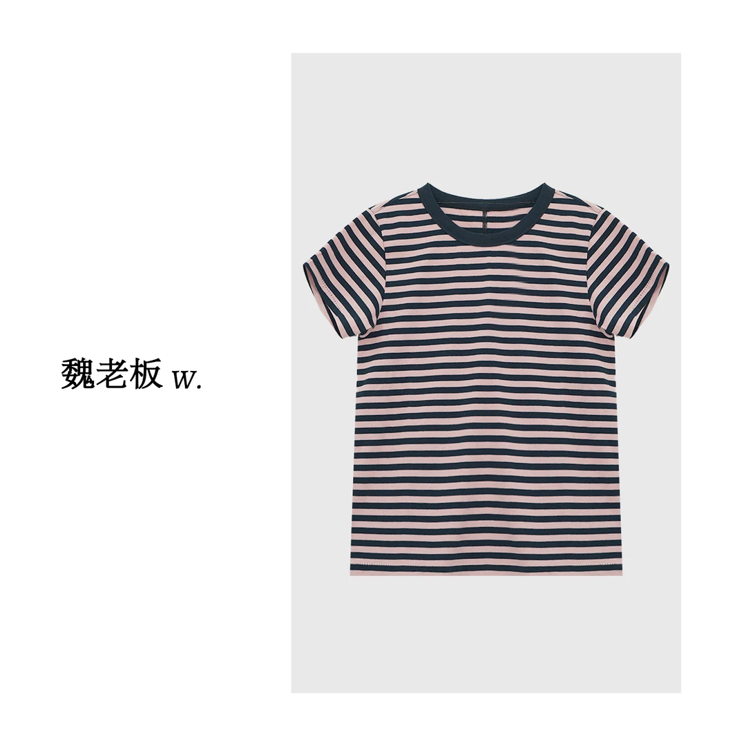W.Diva【安晴】粉蓝条纹休闲百搭短袖T恤圆领洋气衣服女52T301127