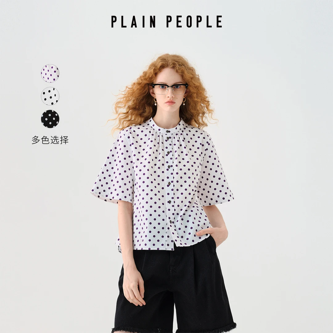 PLAIN PEOPLE法式度假波点系带收褶圆领衬衫上衣夏新款DB0501D21