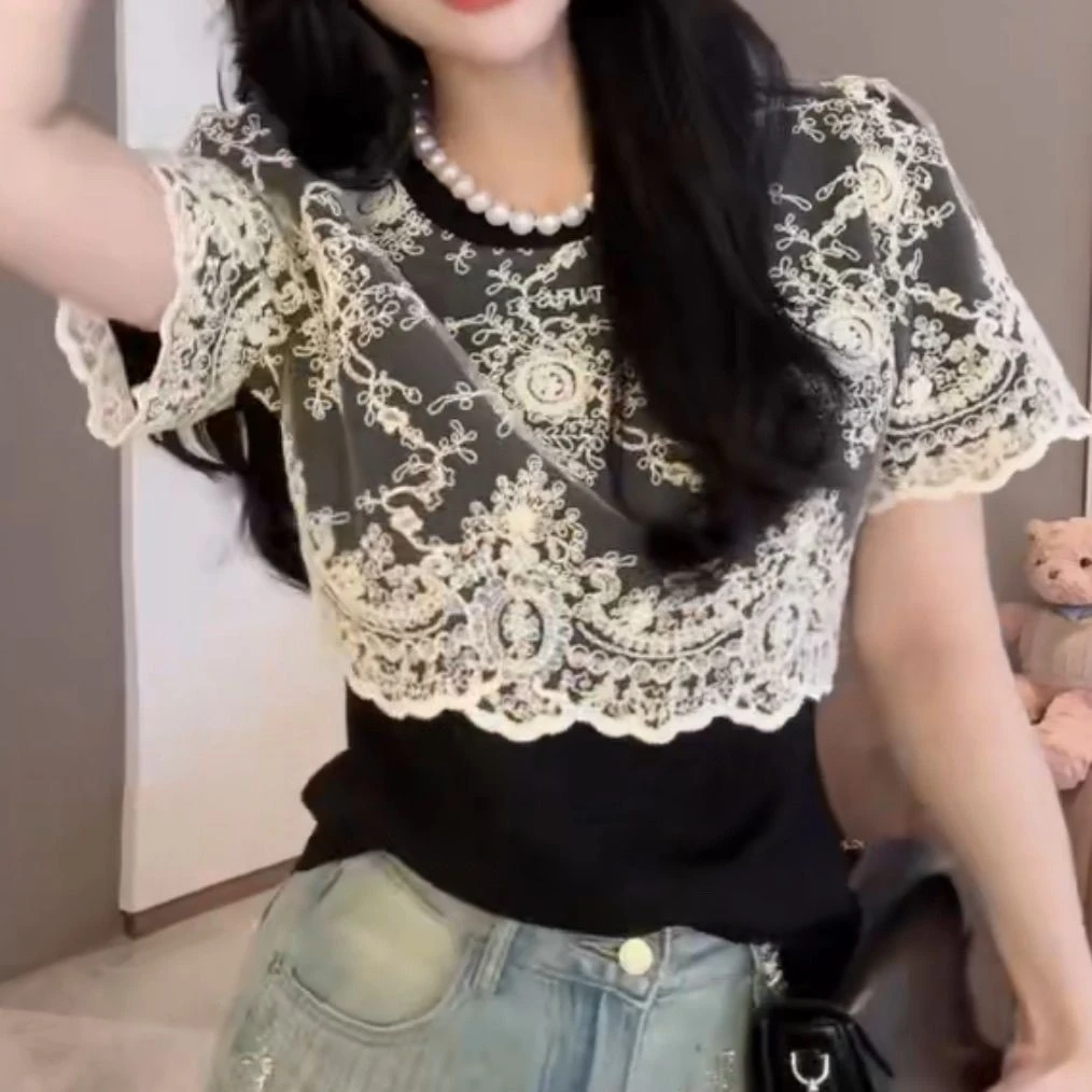欧货时尚设计感假两件蕾丝披肩拼接短袖T恤女洋气百搭气质上衣潮