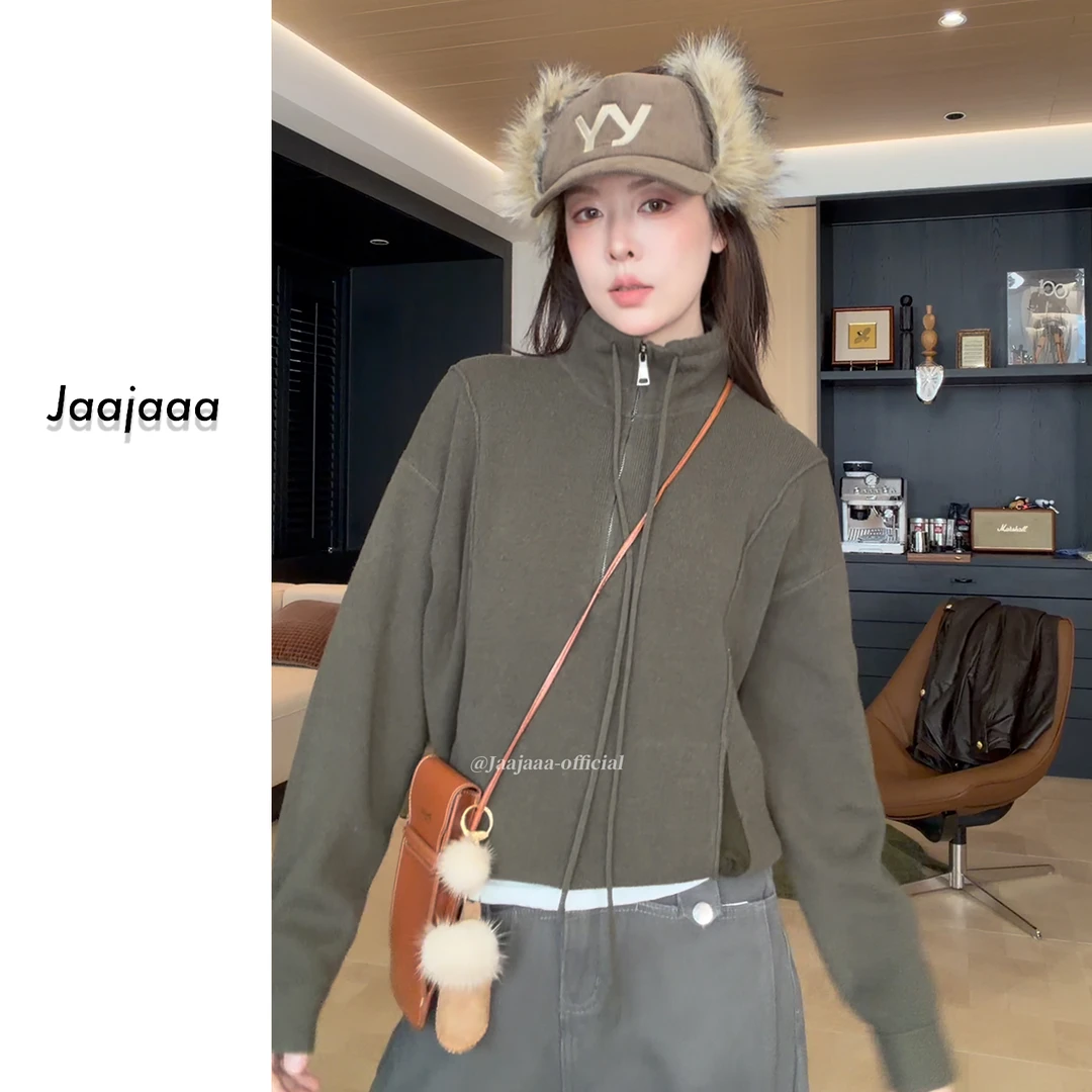 Jaajaaa雪松木屋 100%羊毛美式复古半拉链宽松慵懒百搭卫衣/FXIF
