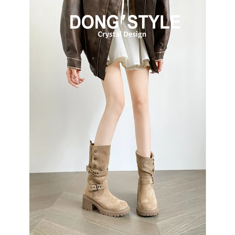 真皮~两穿马丁靴女2025秋季新款皮带扣中筒靴女靴子厚底粗跟短靴