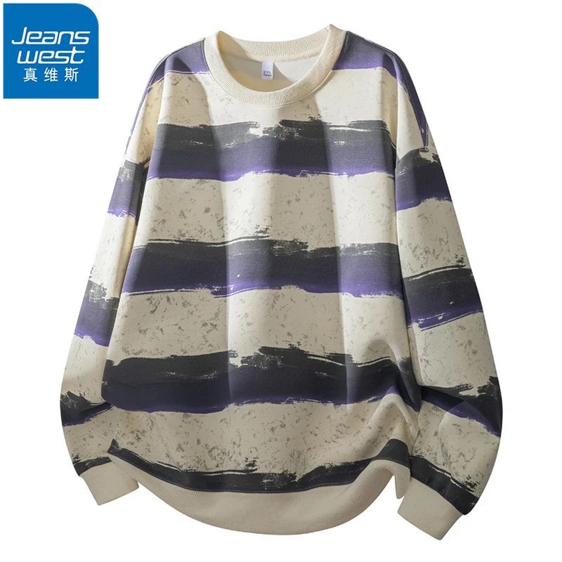 Jeanswest/真维斯圆领卫衣男春秋季潮流百搭条纹宽松内搭长袖T恤