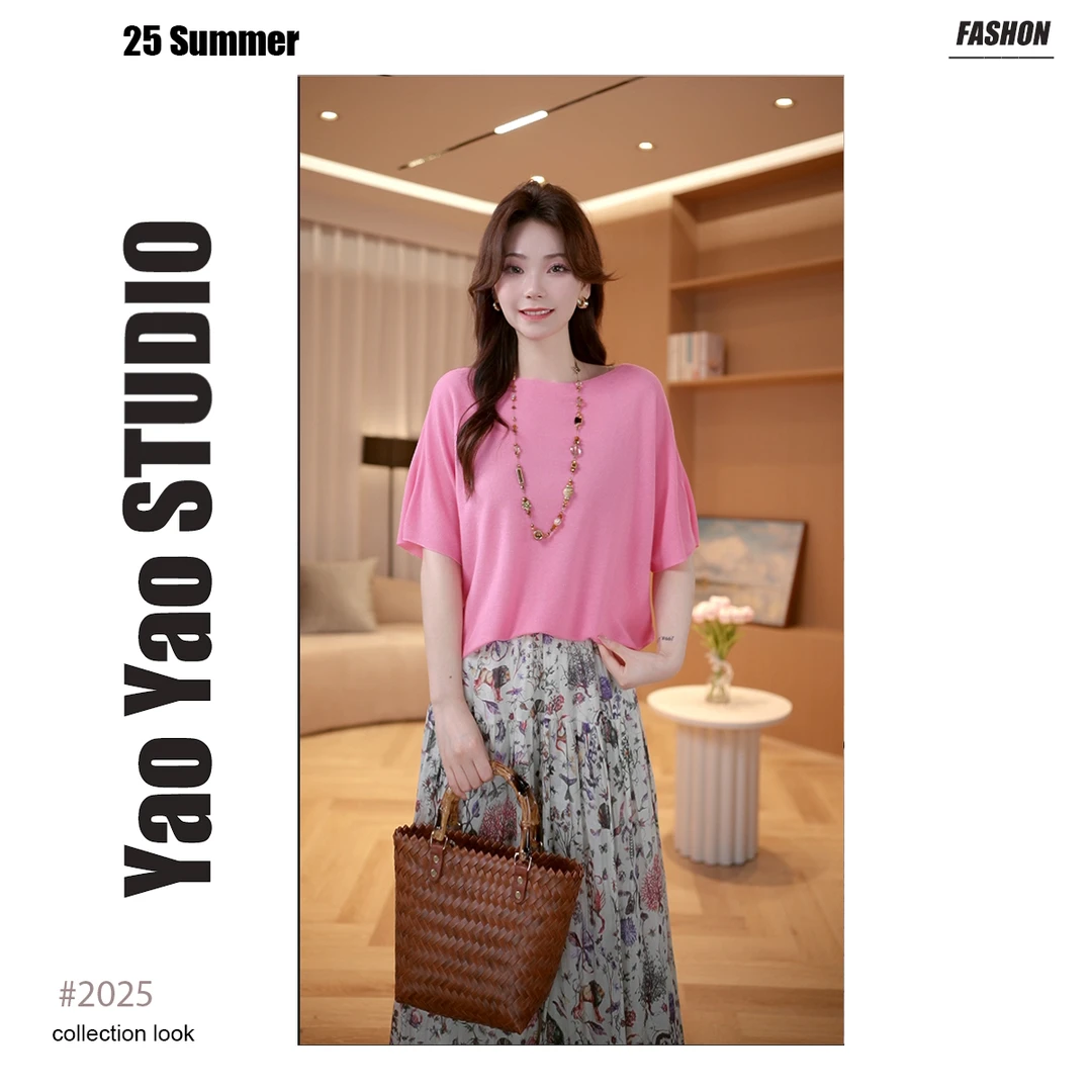 薄款圆领短袖针织衫女时尚气质宽松休闲夏季上衣HOC0A2503 Y