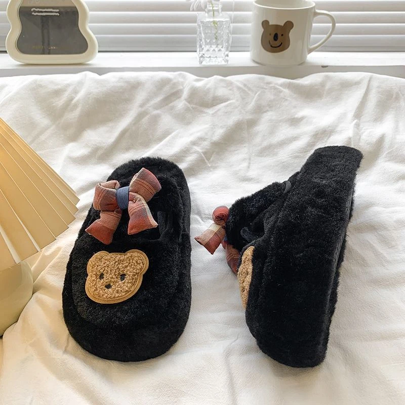 软萌小熊宿舍毛毛棉拖鞋女ins2025暖冬季新款居家软厚底拖鞋学生