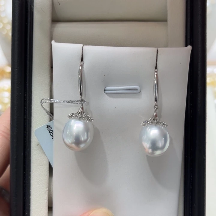 海水珍珠上新澳白梨花耳钩11-12mm银S925镶嵌