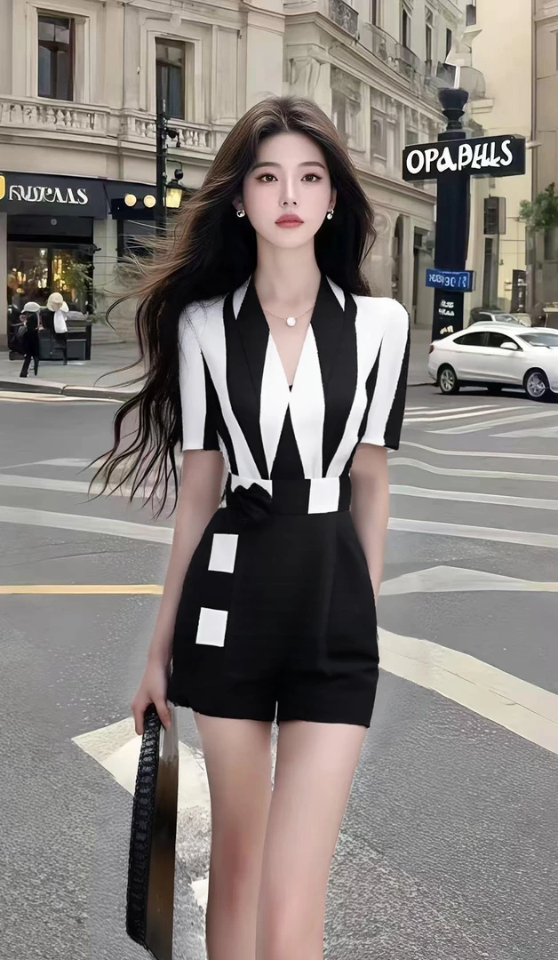 时尚黑白撞色设计V领修身短袖收腰连体裤女小众高级显瘦气质穿搭