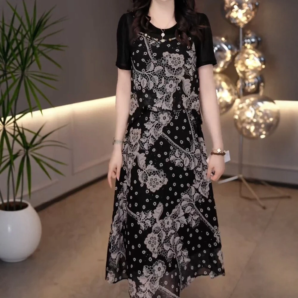 时尚假两件连衣裙减龄高档显瘦中长裙2025年夏季女装洋气气质轻奢