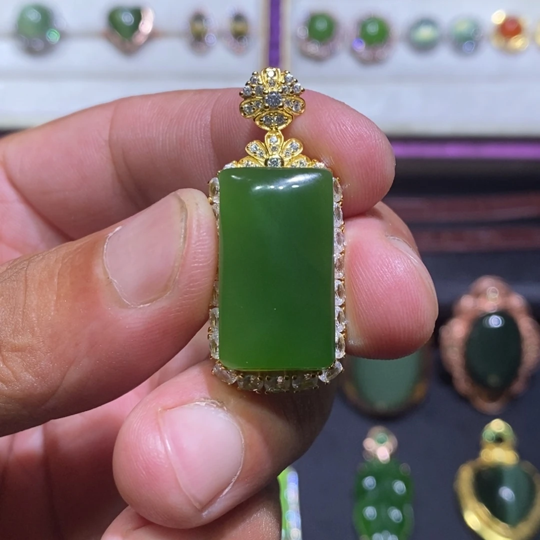 吊坠(不含链)银S925镶嵌和田玉（碧玉）
