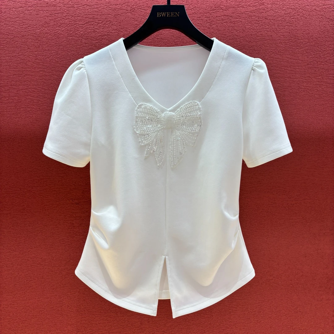 【玉蝴蝶】25年夏季新款收腰小开叉V领气质女士显瘦短袖T恤