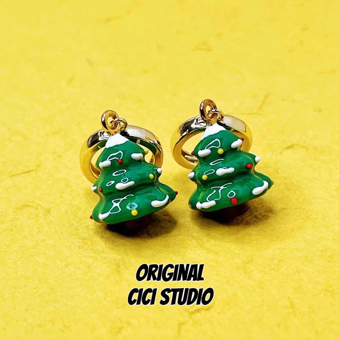 铜合金耳饰 CICI STUDIO小众高级圣诞树耳环女镀金耳圈滴釉耳饰