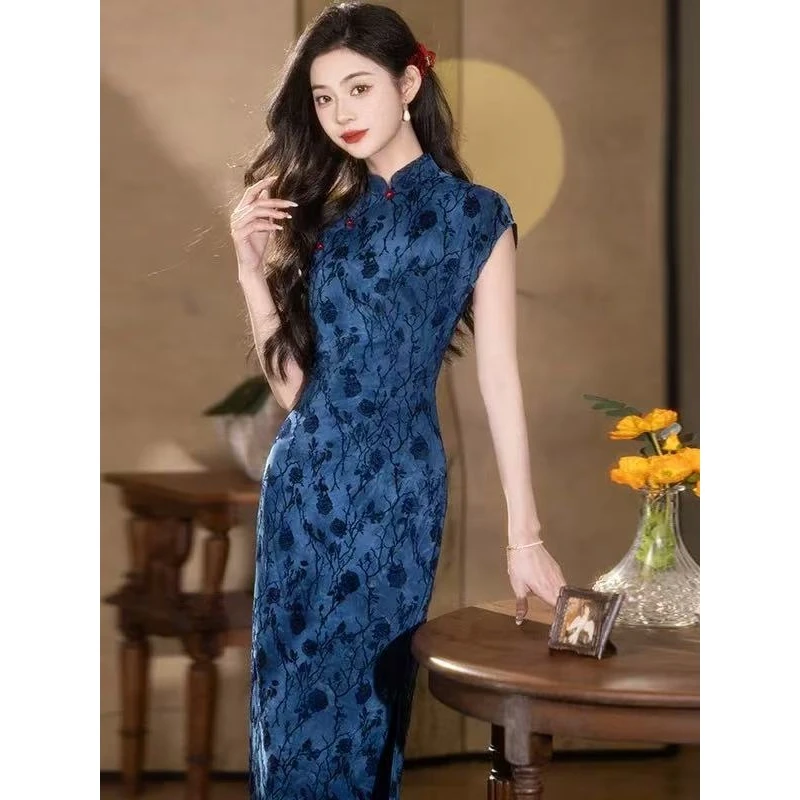 新中式蓝色显瘦旗袍修身长款改良国风2025年新款老上海复古夏季女