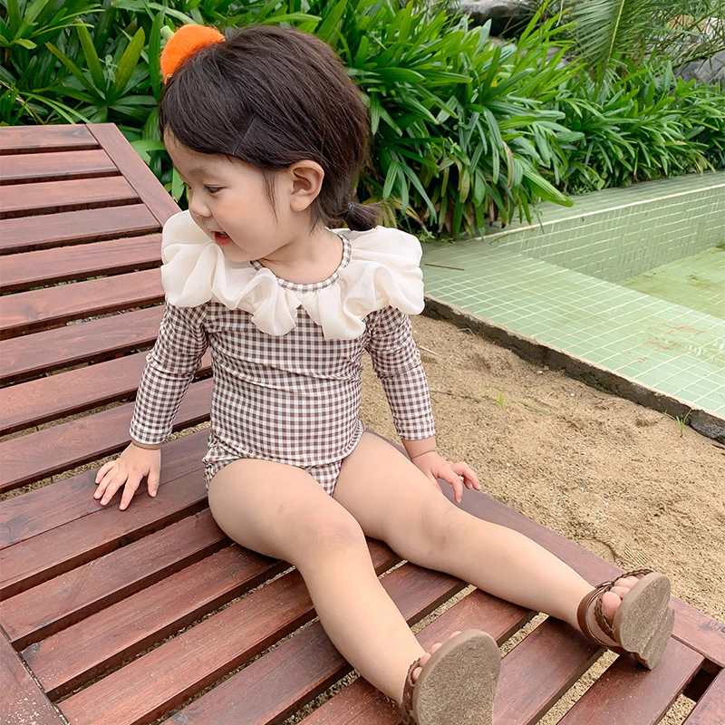 游泳长袖连体女泳装女孩连体泳衣泳衣婴儿B类儿童女童公主洋气