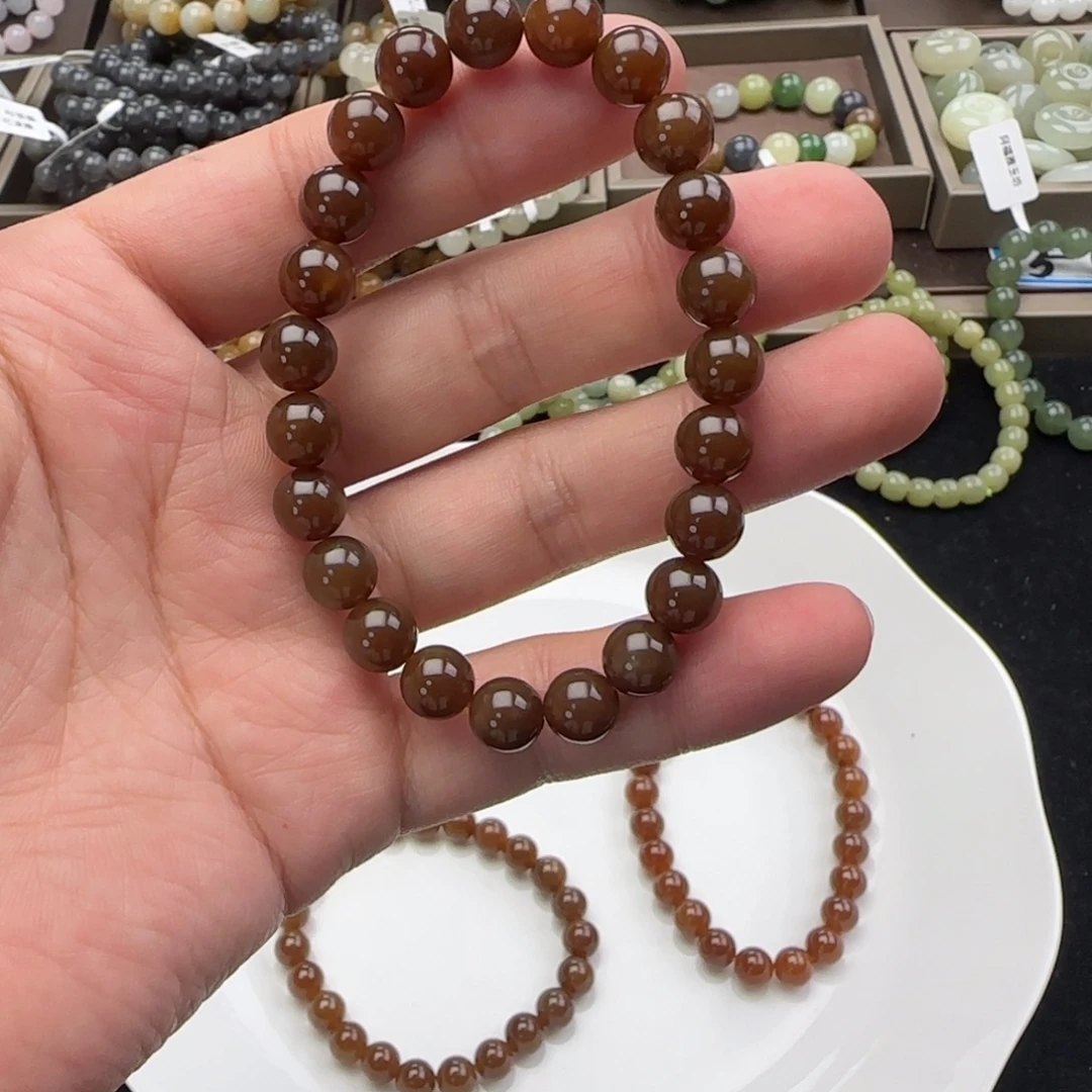 和田玉未镶嵌手链卡8老红糖，4