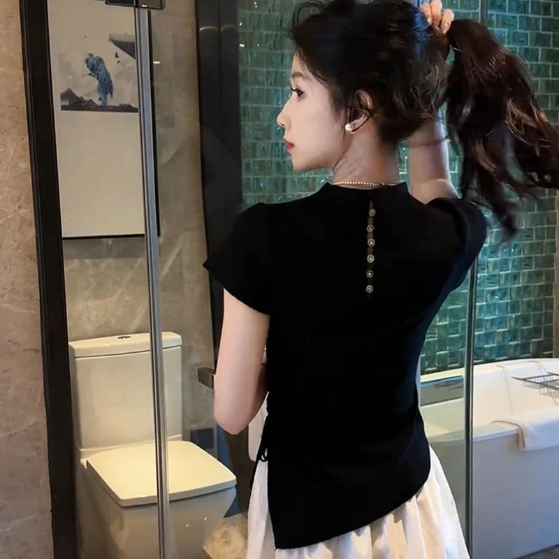 2025夏季新款女士气质冰丝针织衫短袖设计感收腰修身显瘦T恤上衣
