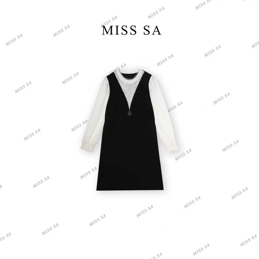 MISS SA 早秋新款法式气质撞色蕾丝拼接百搭显瘦连衣裙25099363