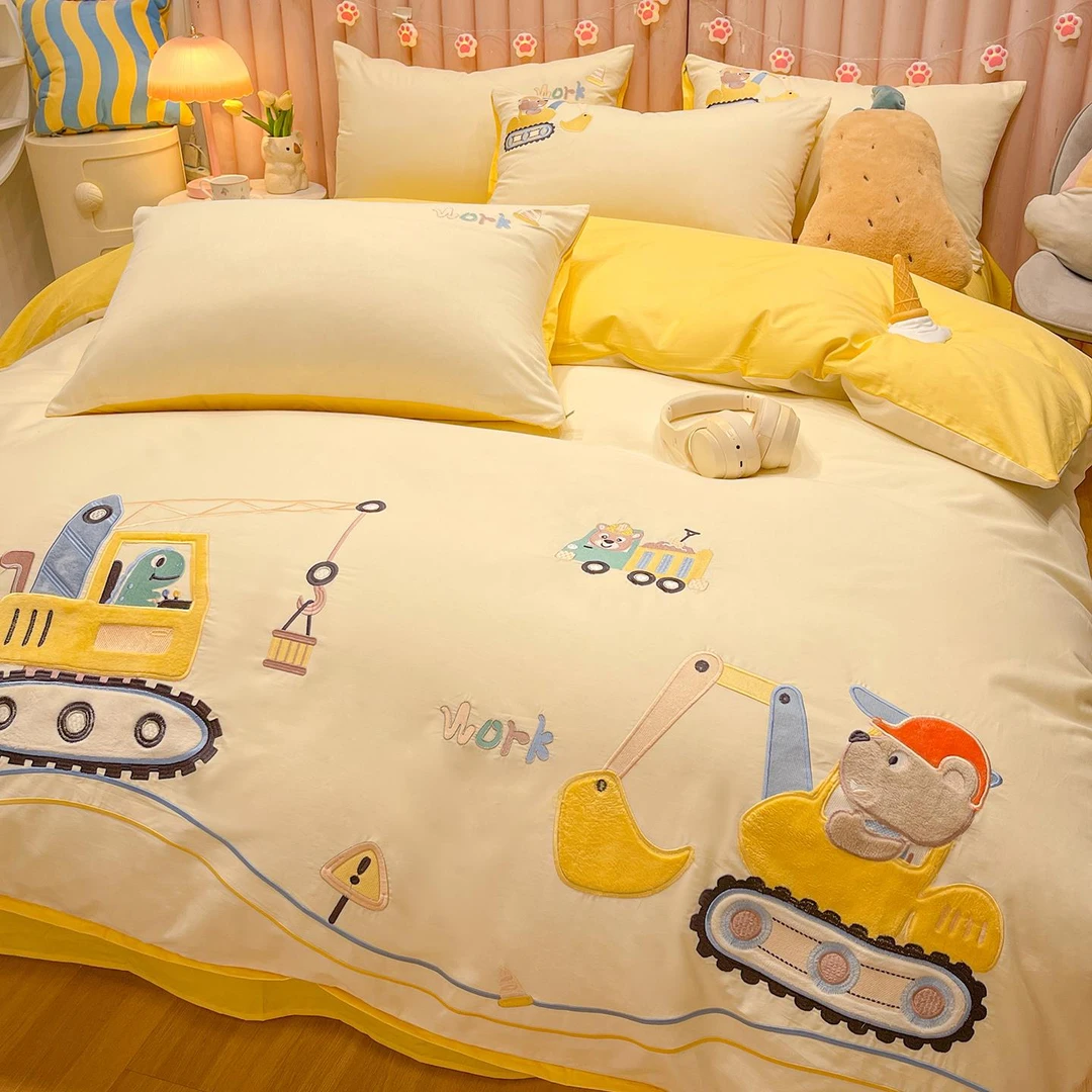 纯棉床上四件套2025新款卡通儿童全棉刺绣被套床品宿舍三件式床组