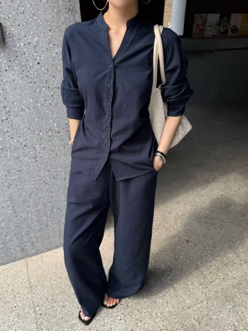 极简老钱风套装优雅时髦衬衫长袖显瘦高腰系带气质休闲裤两件套装