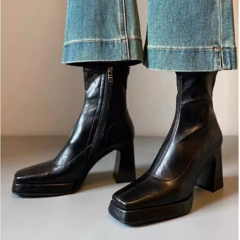 2025法式小众高跟瘦瘦靴方头防水台短靴女显瘦小个子弹力靴小裸靴