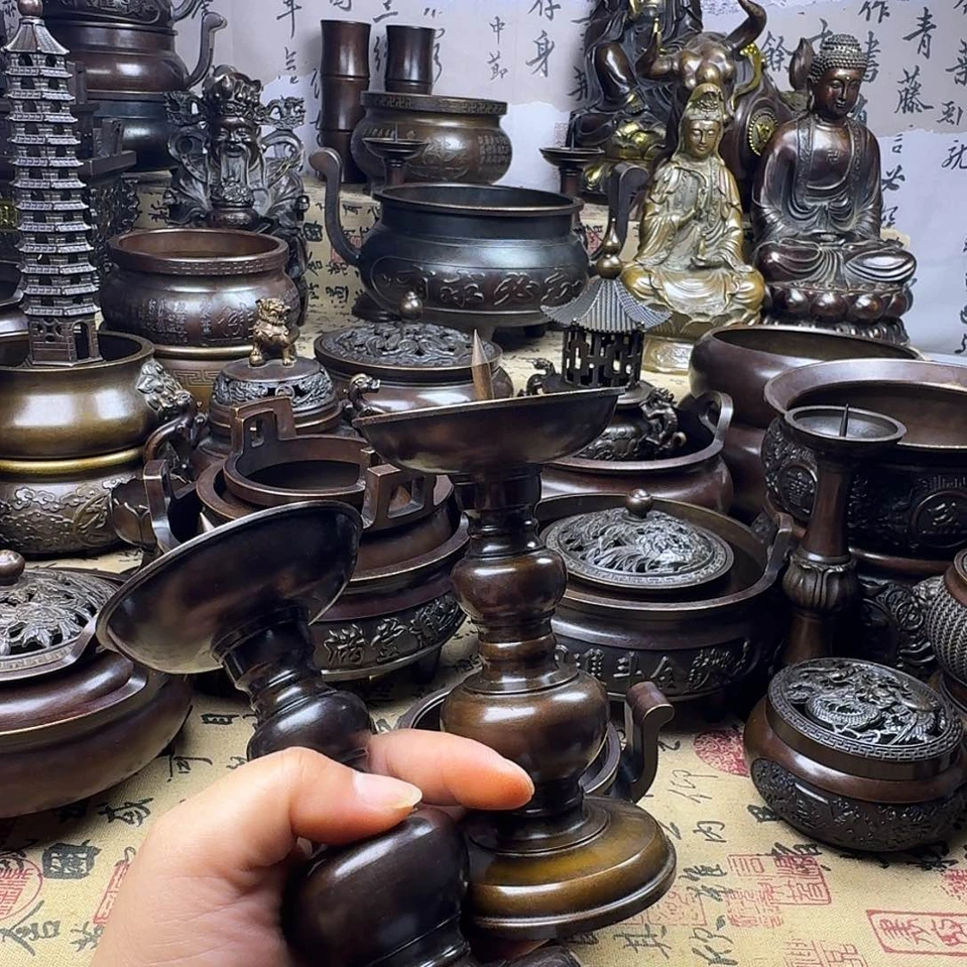 海***人纯铜香炉烛台一对