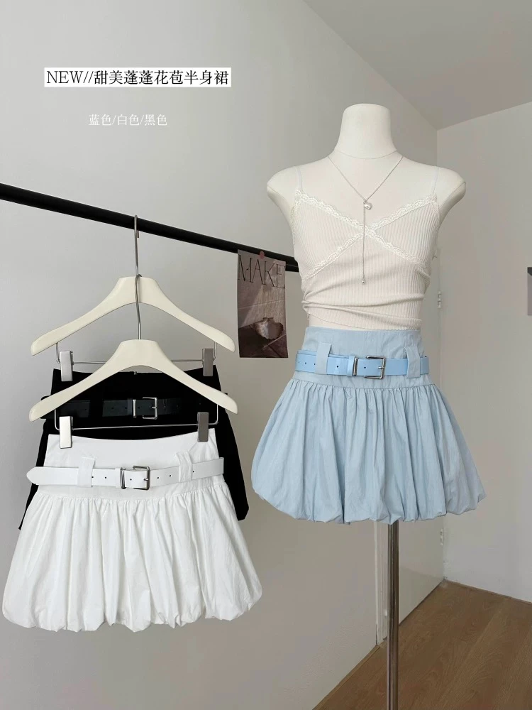 韩系芭蕾风蓝色高腰A字百搭小个子夏季蓬蓬花苞短裙