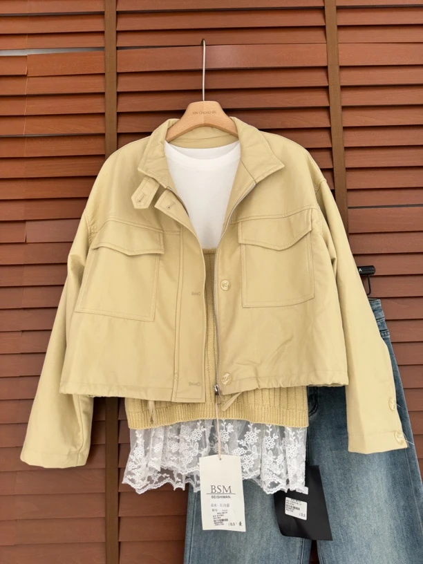 6609新宠儿女装拉链长袖宽松型女立领休闲宽松百搭短款外套