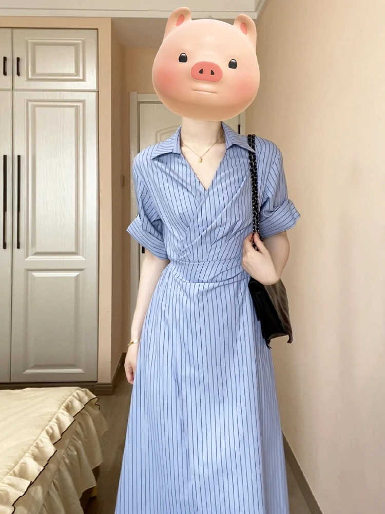 3329学院风条纹衬衫连衣裙子女装夏季2024新款法式气质超好看长裙