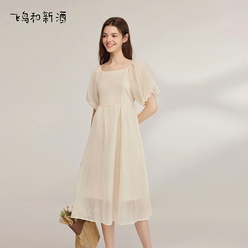 【大默专属】飞鸟和新酒泡泡袖方领A型连衣裙复古淑女长裙8047