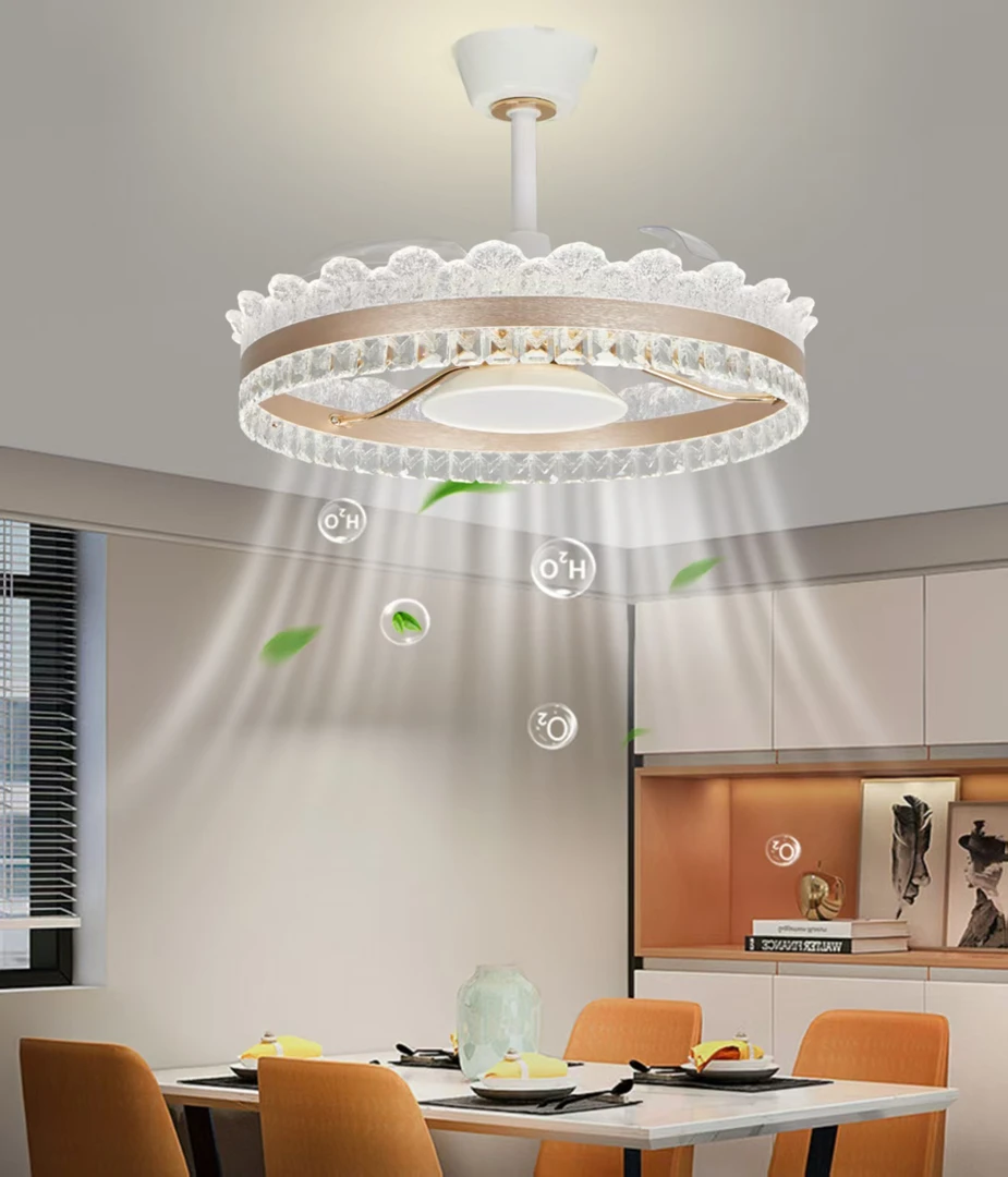 8233小白菜轻奢北欧风扇灯餐厅水晶吊灯10-25㎡简约隐形风扇灯圆形