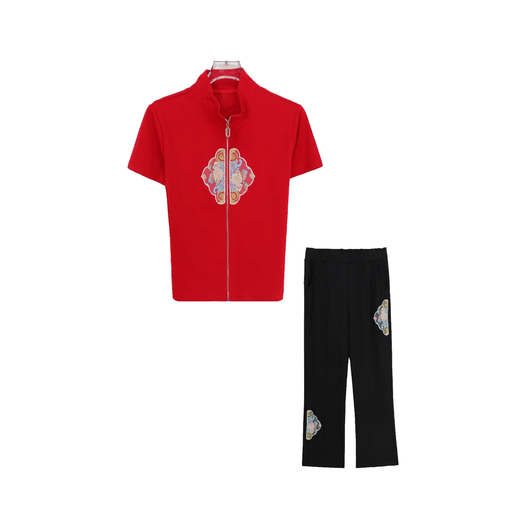 夏季拉链新中式印花短袖休闲裤套装S943