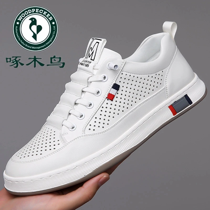 啄木鸟男鞋夏季真皮透气防滑男士洞洞鞋厚底小白鞋运动休闲板鞋潮