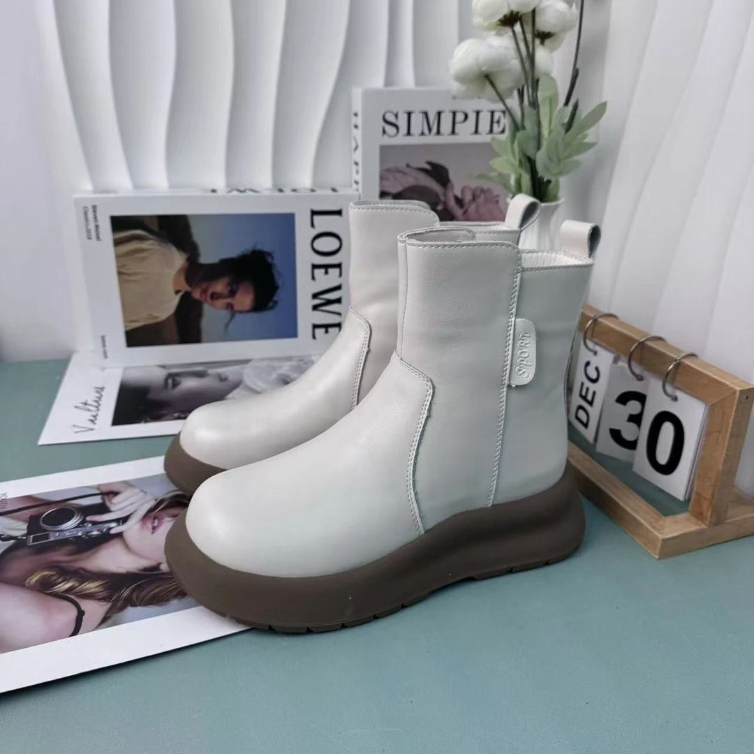 秋冬新款2025真皮加绒女靴时尚舒适圆头厚底侧拉链保暖牛皮女短靴